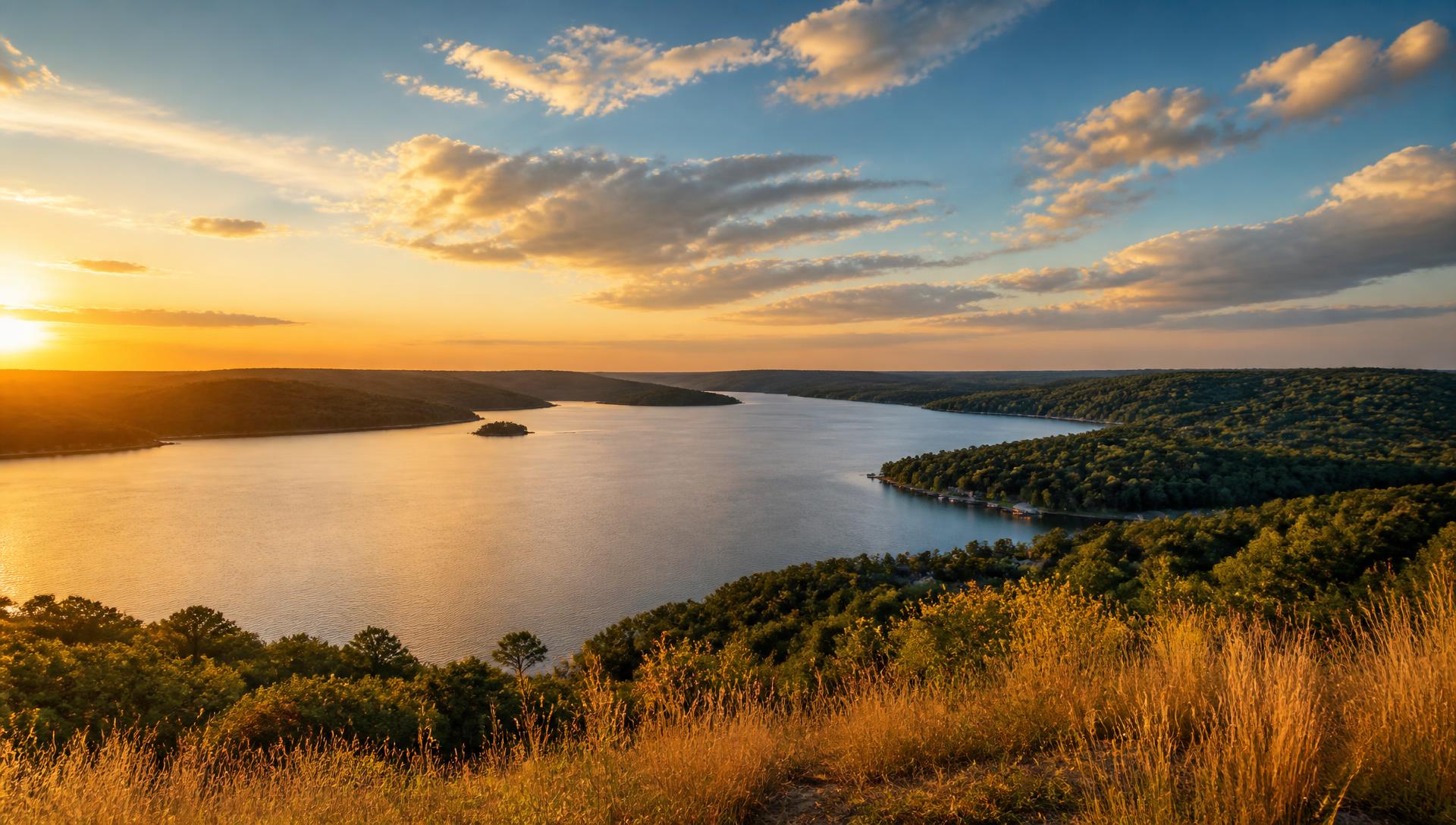 Sunset over Truman Lake with wooded shoreline